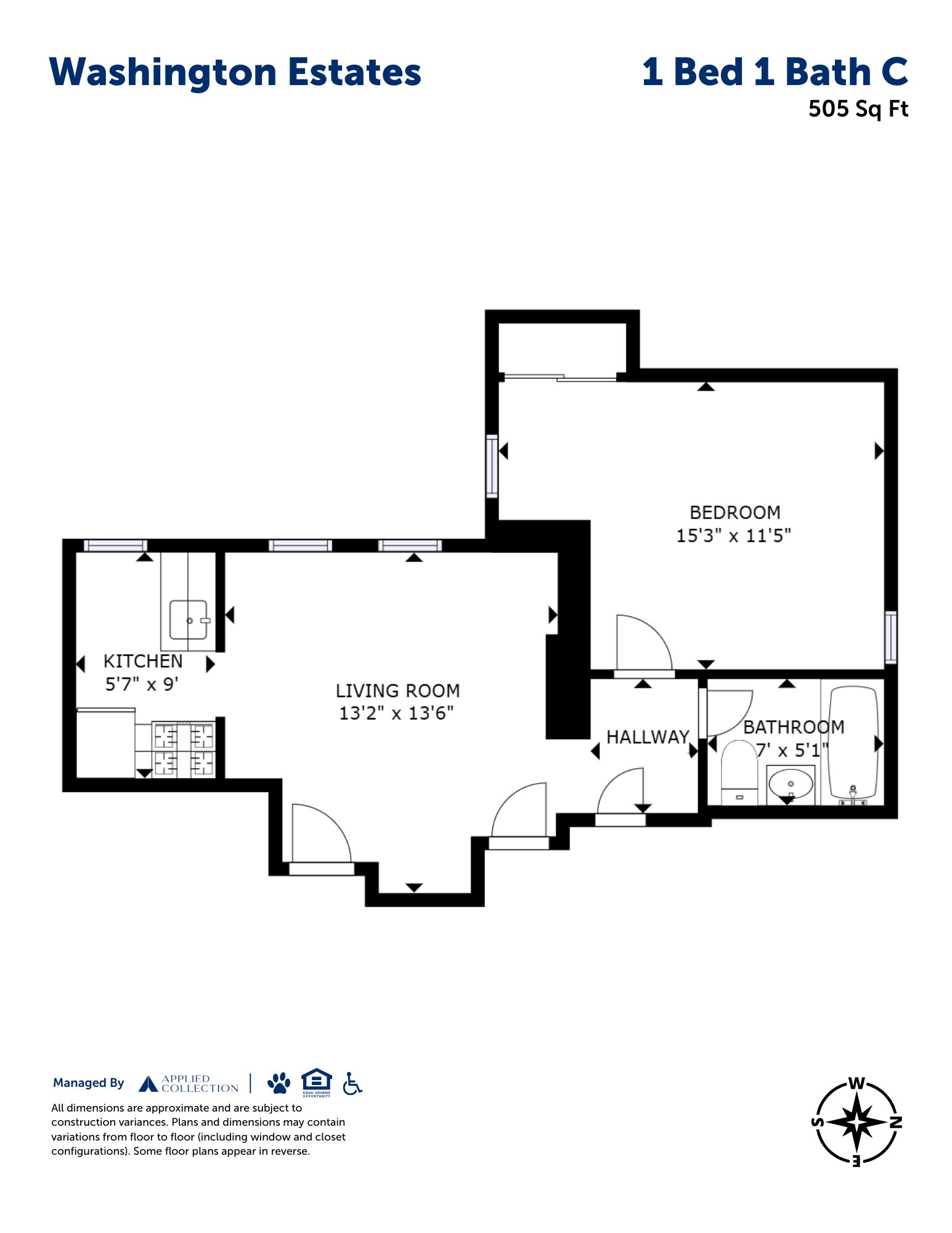 Floor plan for 1 bed, 1 bath, 505 sqft